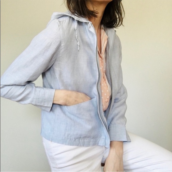 VTG Ice Blue Linen Cropped Zip Up Hoodie Front Pockets Beach Coastal SZ 5/6 XS-M - Picture 6 of 11